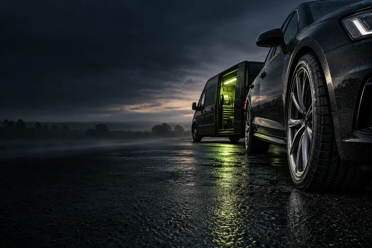 Cinematic roadside scene with a mobile tyre service van and car